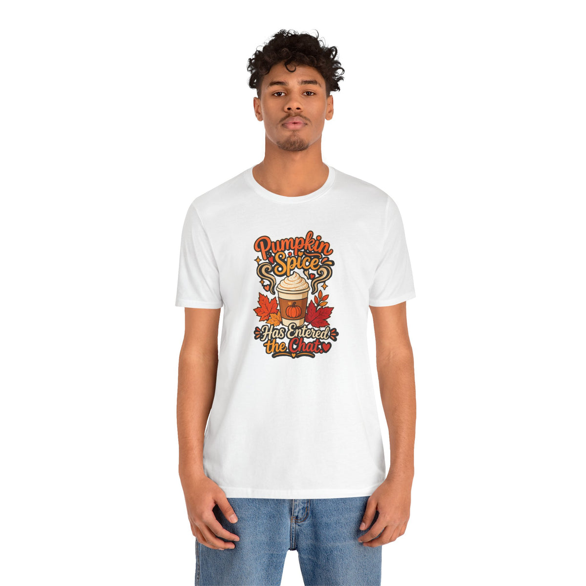 White T-shirt with “Pumpkin Spice Has Entered the Chat” graphic on the front
