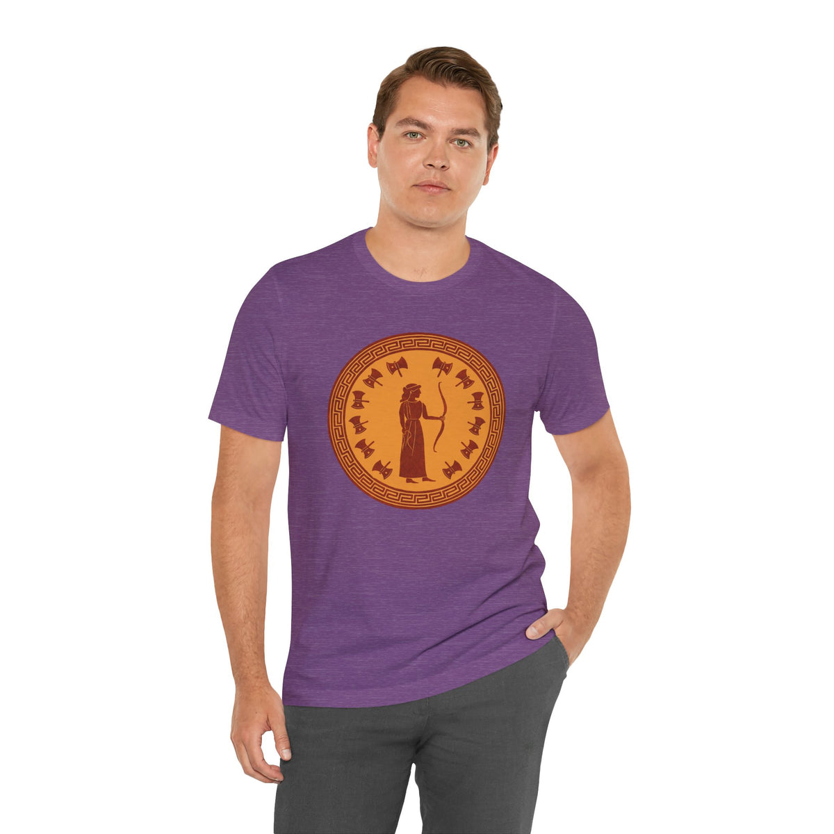 Heather purple crew-neck t-shirt with orange emblem graphic, casual fit