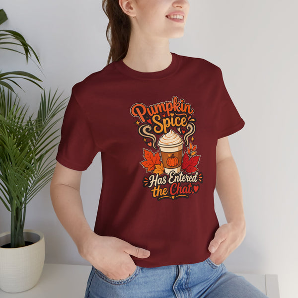 Burgundy crew-neck T-shirt on model with Pumpkin Spice “Has Entered the Chat” graphic