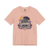 Blush pink T-shirt with “Gloomy is a Lifestyle Choice” cat umbrella front graphic