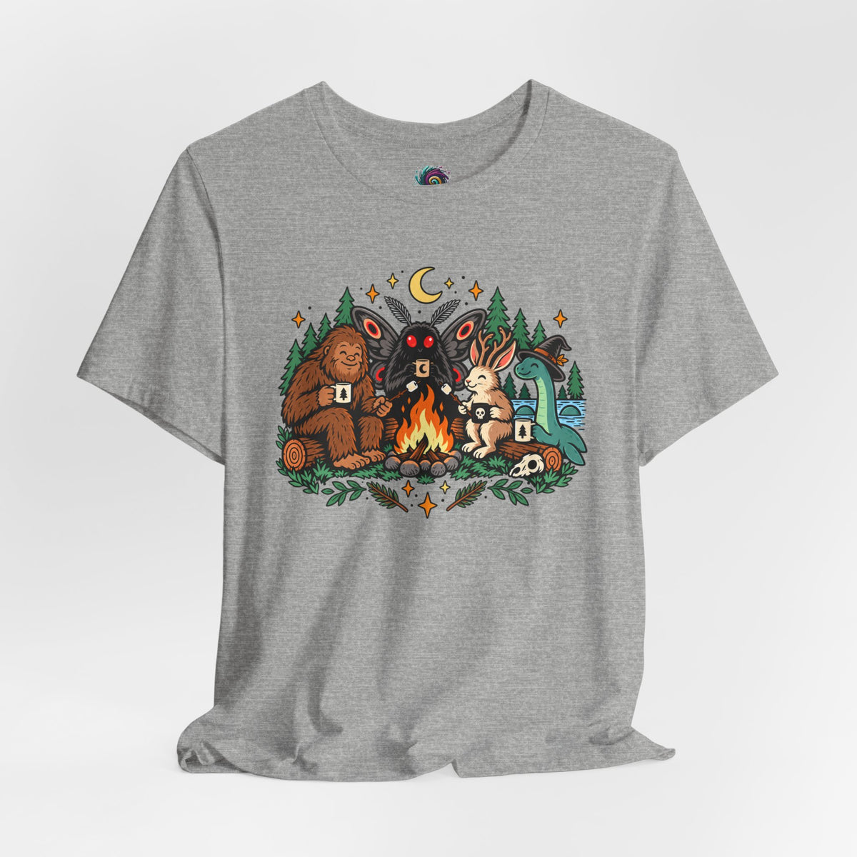 Heather gray crewneck T-shirt with colorful campfire cryptid graphic