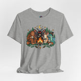 Heather gray crewneck T-shirt with colorful campfire cryptid graphic
