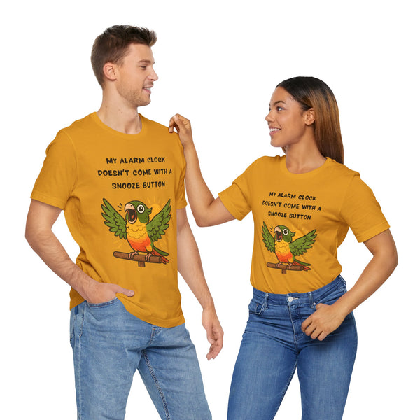 Two mustard crewneck T-shirts with matching parrot alarm clock graphic and slogan