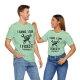 Two mint green crew-neck T-shirts with black “I fixed it (eventually)” quote and tool icon
