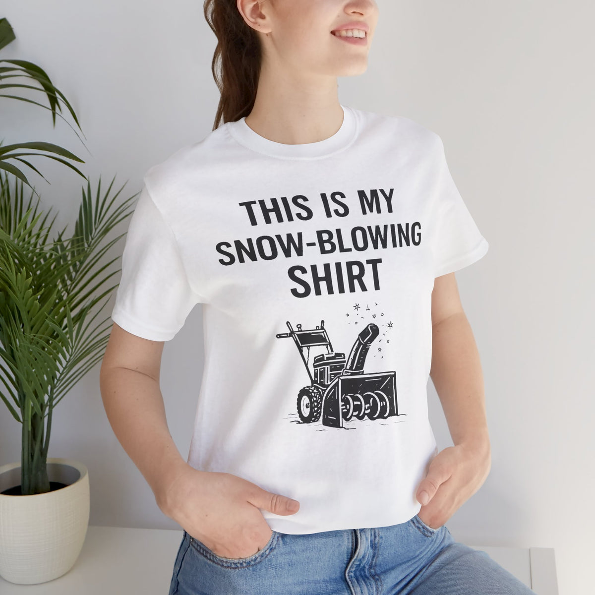 White T-shirt with snow-blowing graphic and "THIS IS MY SNOW-BLOWING SHIRT" text