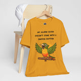 Mustard crewneck T-shirt with parrot alarm clock graphic and slogan print