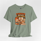 Sage green unisex short-sleeve T-shirt with Pumpkin Spice Everything graphic front