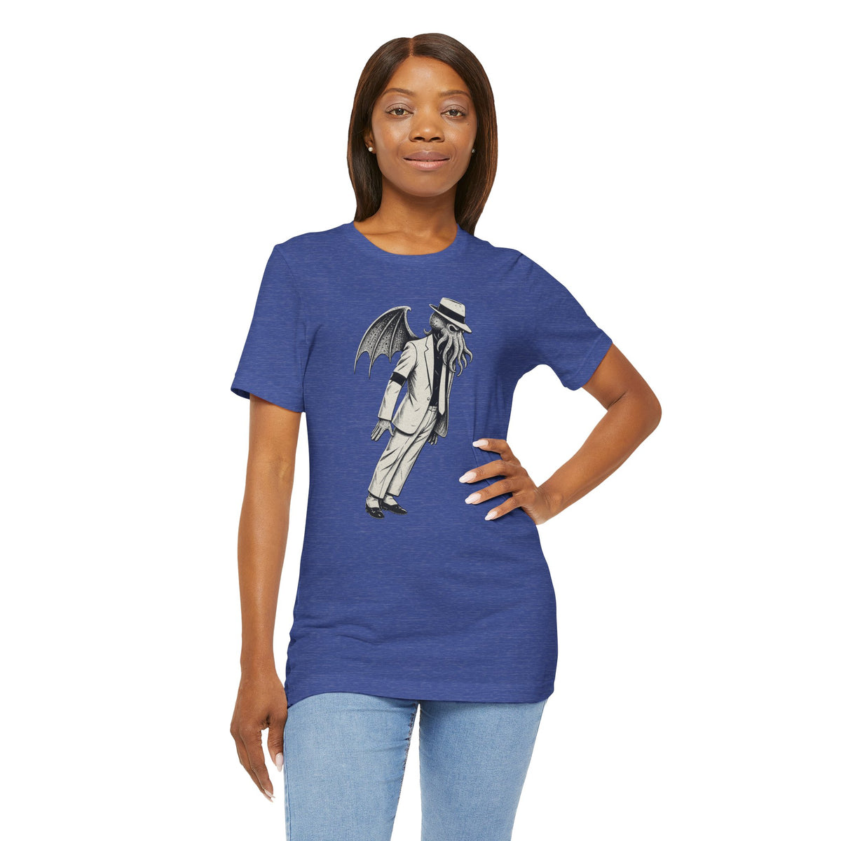 Blue short-sleeve crewneck t-shirt with a front graphic of a winged monster and hat