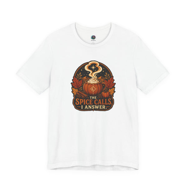 White T-shirt with front circular pumpkin spice cauldron graphic text "I ANSWER".
