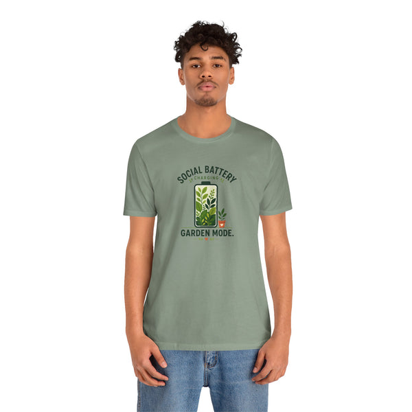 Heathered green crew-neck T-shirt with “SOCIAL BATTERY” garden plant graphic