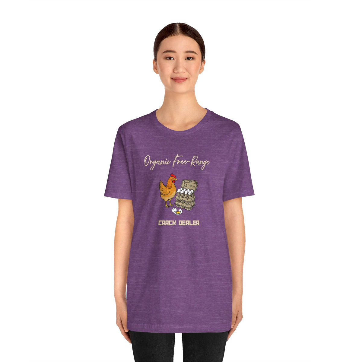 Purple crewneck T-shirt with chicken graphic and “Crack dealer” slogan, model front
