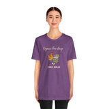 Purple crewneck T-shirt with chicken graphic and “Crack dealer” slogan, model front