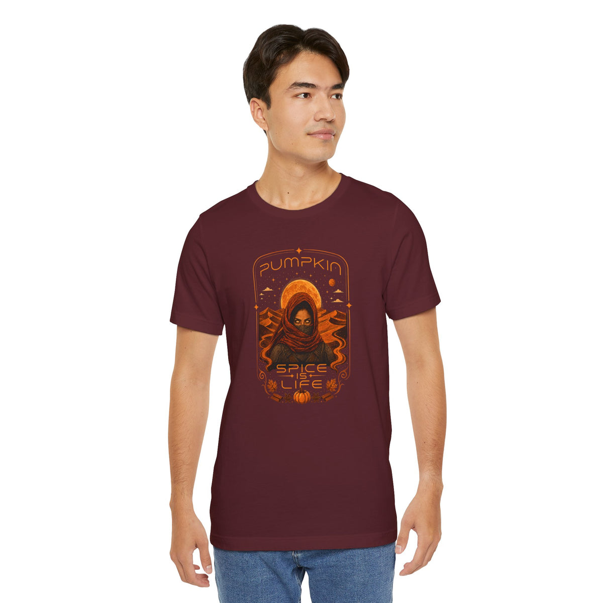 Maroon crewneck T-shirt with orange astronaut pumpkin spice graphic, full front view