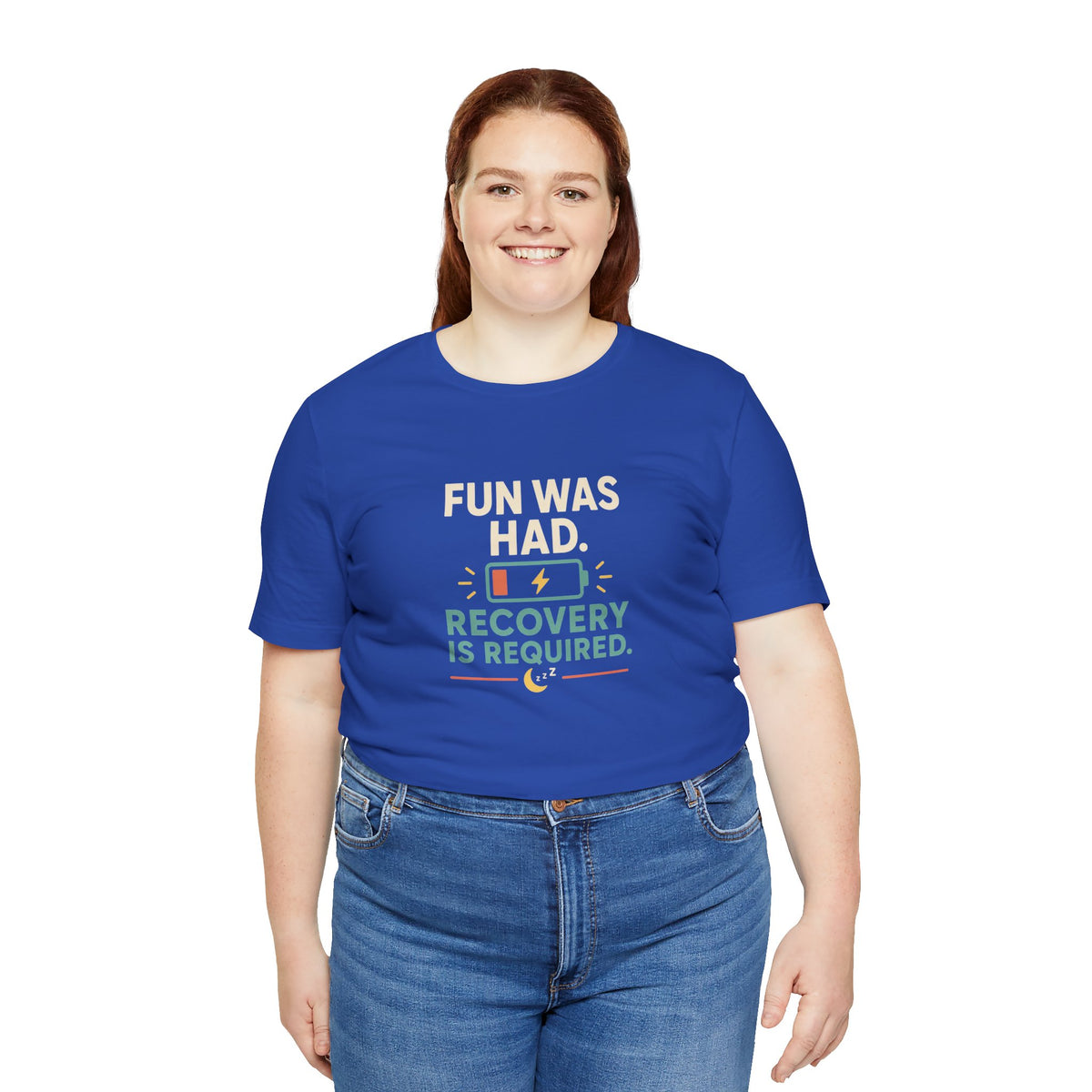 Royal blue crew-neck T-shirt with "Fun Was Had" recovery is required print graphic