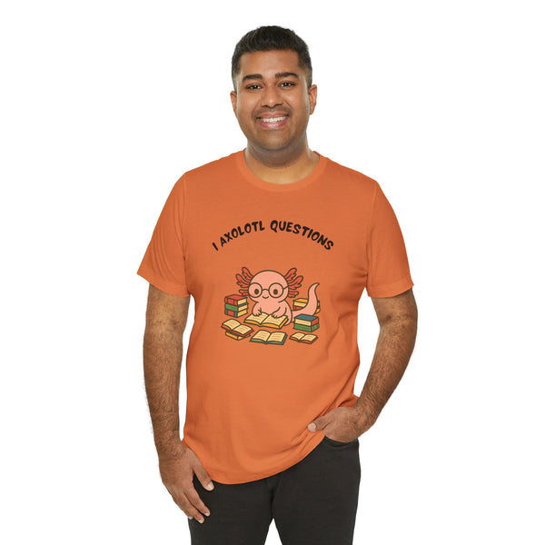 Orange crewneck T-shirt featuring axolotl reading books front print