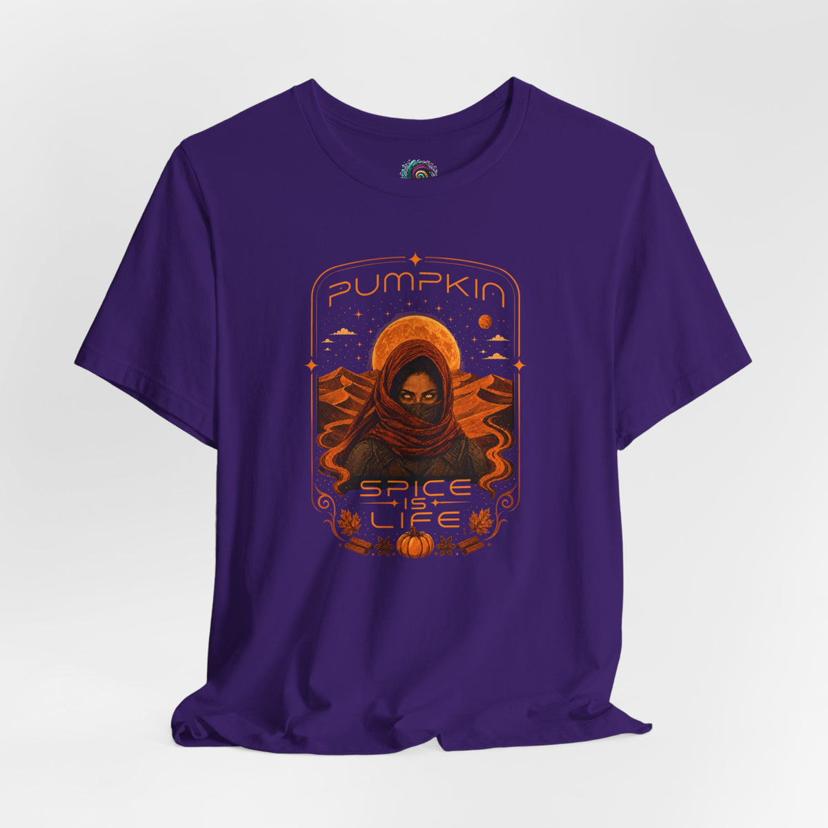 Purple crew-neck T-shirt with orange “Pumpkin Spice Life” graphic print on center chest.