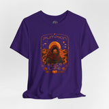 Purple crew-neck T-shirt with orange “Pumpkin Spice Life” graphic print on center chest.
