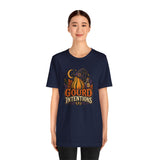 Navy unisex T-shirt with witch-hat pumpkin “Gourd Intentions” front print