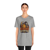 Heather gray crew-neck T-shirt with witch gourd graphic and straight hem
