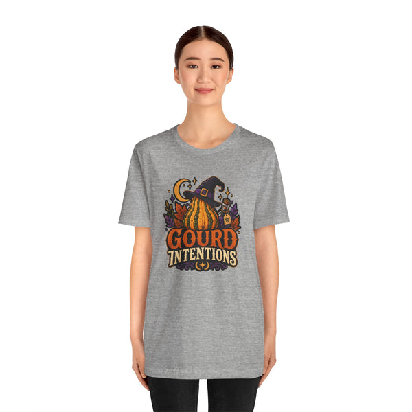 Heather gray crew-neck T-shirt with witch gourd graphic and straight hem