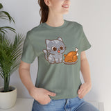 Sage green crew-neck T-shirt with gray cat and orange turkey cartoon on chest