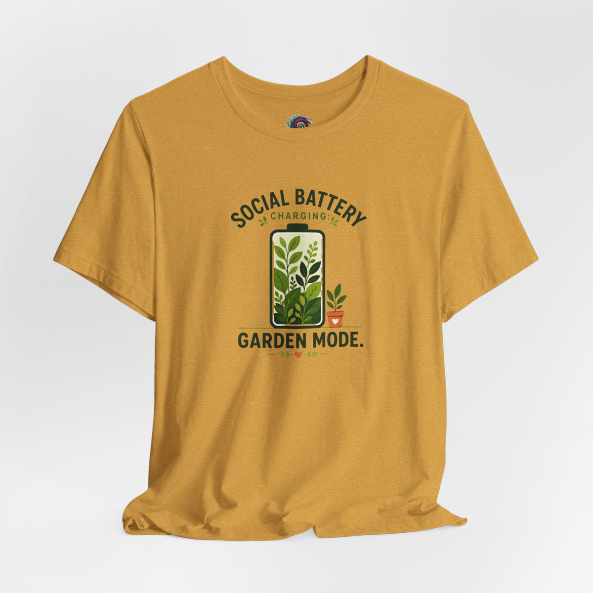 Mustard yellow crewneck T-shirt with front plant icon and “Garden Mode” text.