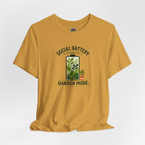 Mustard yellow crewneck T-shirt with front plant icon and “Garden Mode” text.