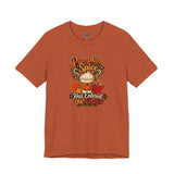 Rust orange crew-neck T-shirt with pumpkin spice coffee chat graphic