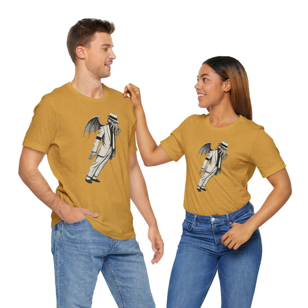 Mustard crew-neck t-shirt with gray monster graphic print, worn with jeans