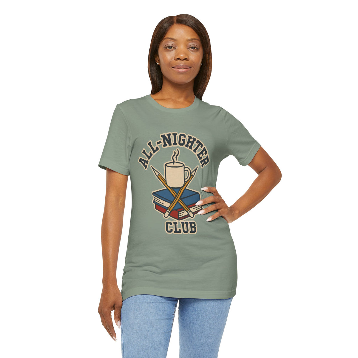Sage green crewneck T-shirt with All-Nighter Club coffee graphic on chest