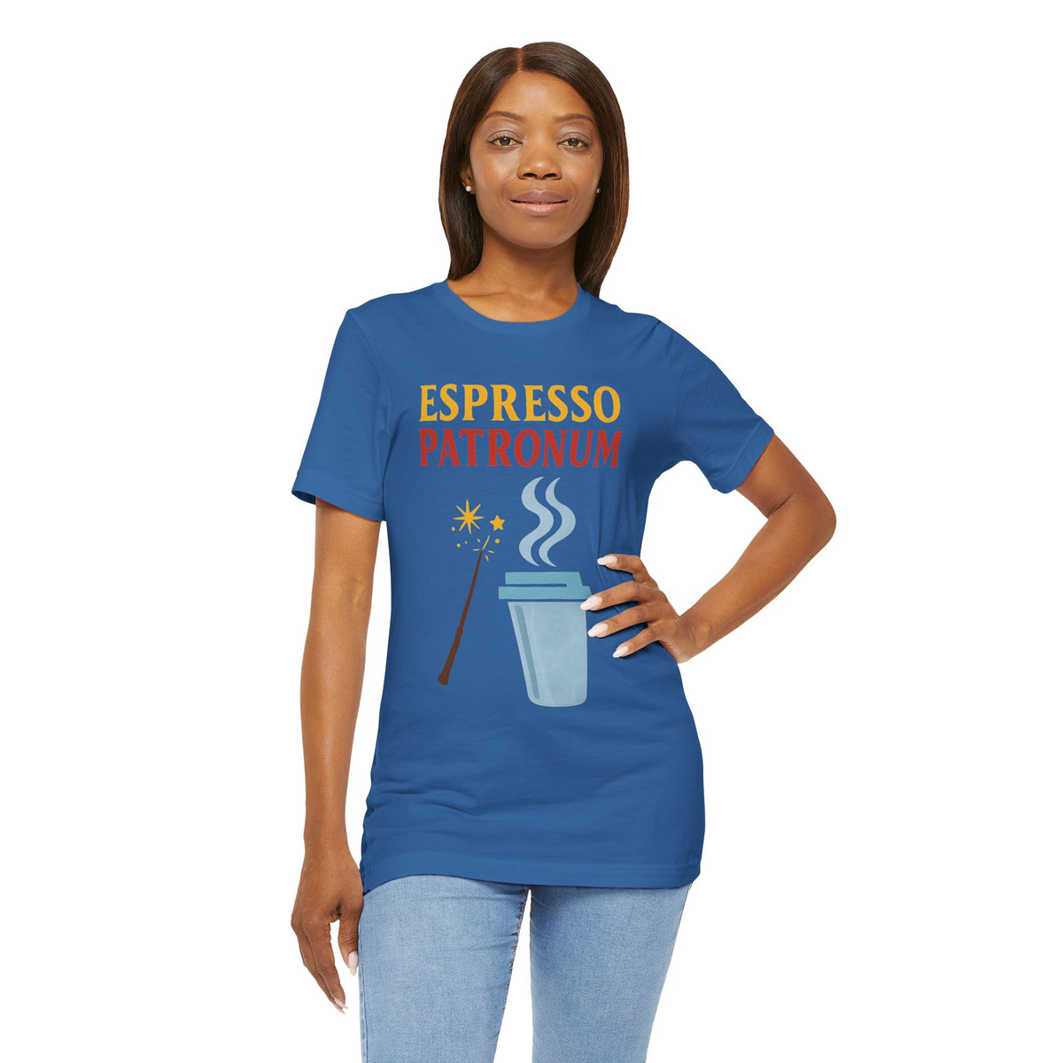 Blue crew-neck T-shirt worn by woman, featuring “ESPRESSO PATRONUM” espresso cup graphic.