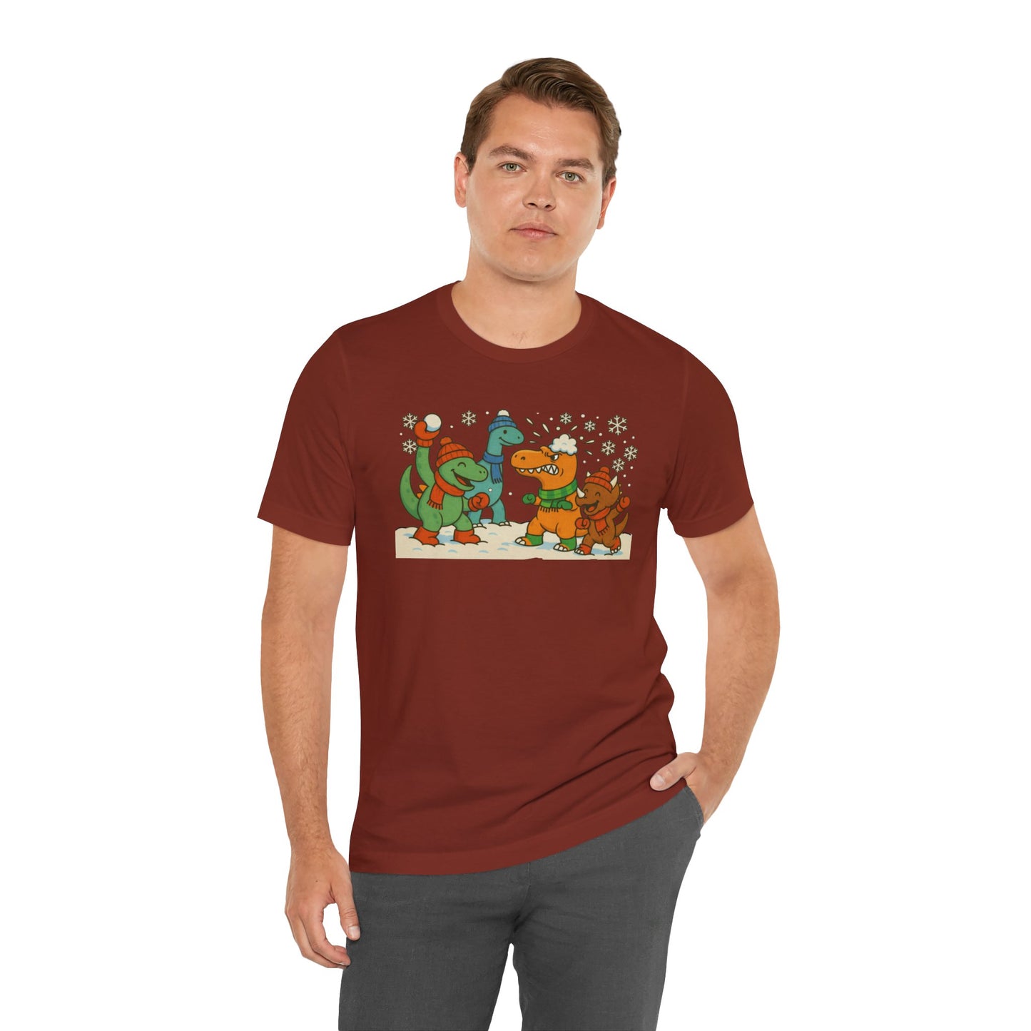 Dinosaur Snowball Fight T-Shirt – Funny Winter Dino Graphic Tee