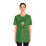 Green graphic T-shirt, short sleeves, “SOCIAL BATTERY” and “GARDEN MODE” front print