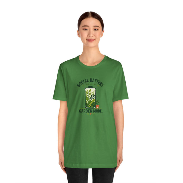 Green graphic T-shirt, short sleeves, “SOCIAL BATTERY” and “GARDEN MODE” front print