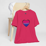 Fuchsia/pink crew-neck T-shirt on hanger with black heart Pride flag graphic