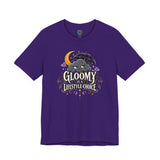 Purple t-shirt with cartoon goth bat umbrella graphic at center