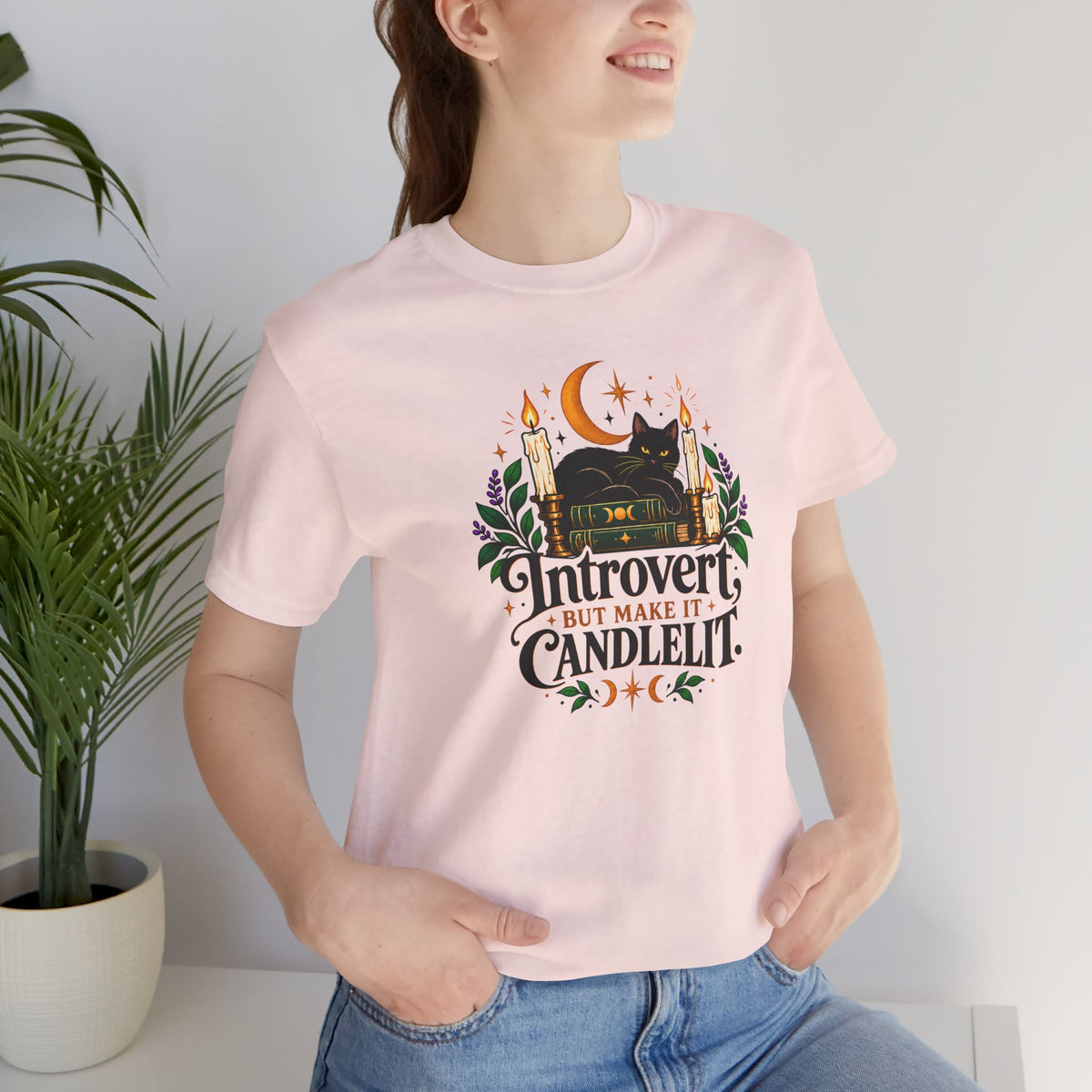 Introvert But Make It Candlelit T-shirt - Witchy Bookish Cat Tee