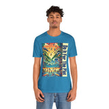 Blue graphic T-shirt with colorful square panel and vertical typography print