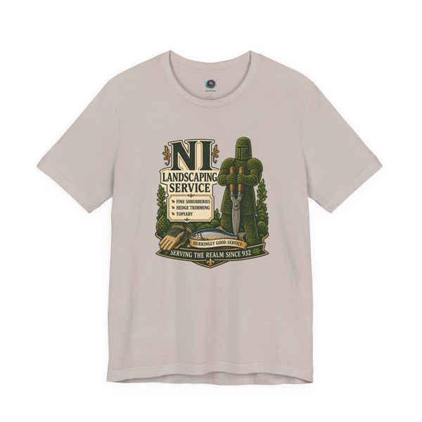 Heather stone T-shirt with green medieval landscaping crest graphic, crew neck