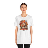 White crewneck T-shirt with “FALL Calories DON’T COUNT” autumn food graphic, full front