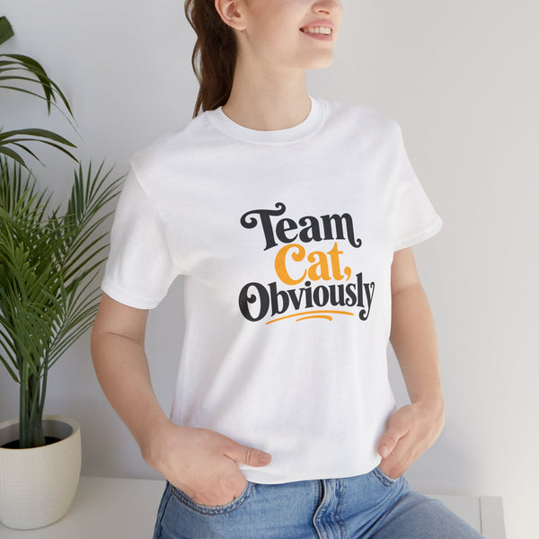White T-shirt with 'Team Cat, Obviously' graphic, worn by person, short sleeves