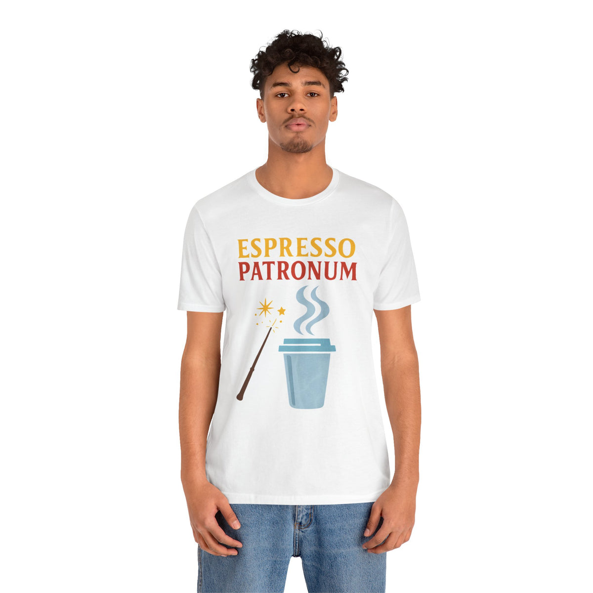 White crew-neck graphic T-shirt with espresso cup and straw illustration