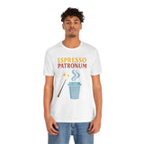 White crew-neck graphic T-shirt with espresso cup and straw illustration