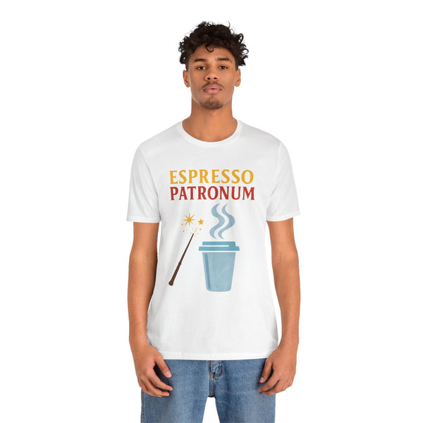 White crew-neck graphic T-shirt with espresso cup and straw illustration