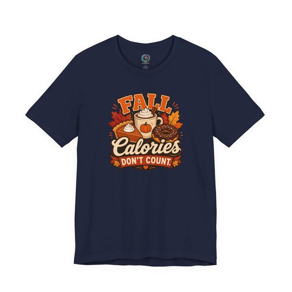 Navy T-shirt with “FALL Calories Don’t Count” pumpkin graphic