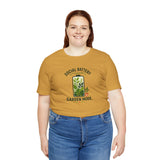 Mustard yellow crewneck T-shirt featuring front plant icon and “Garden Mode” message.