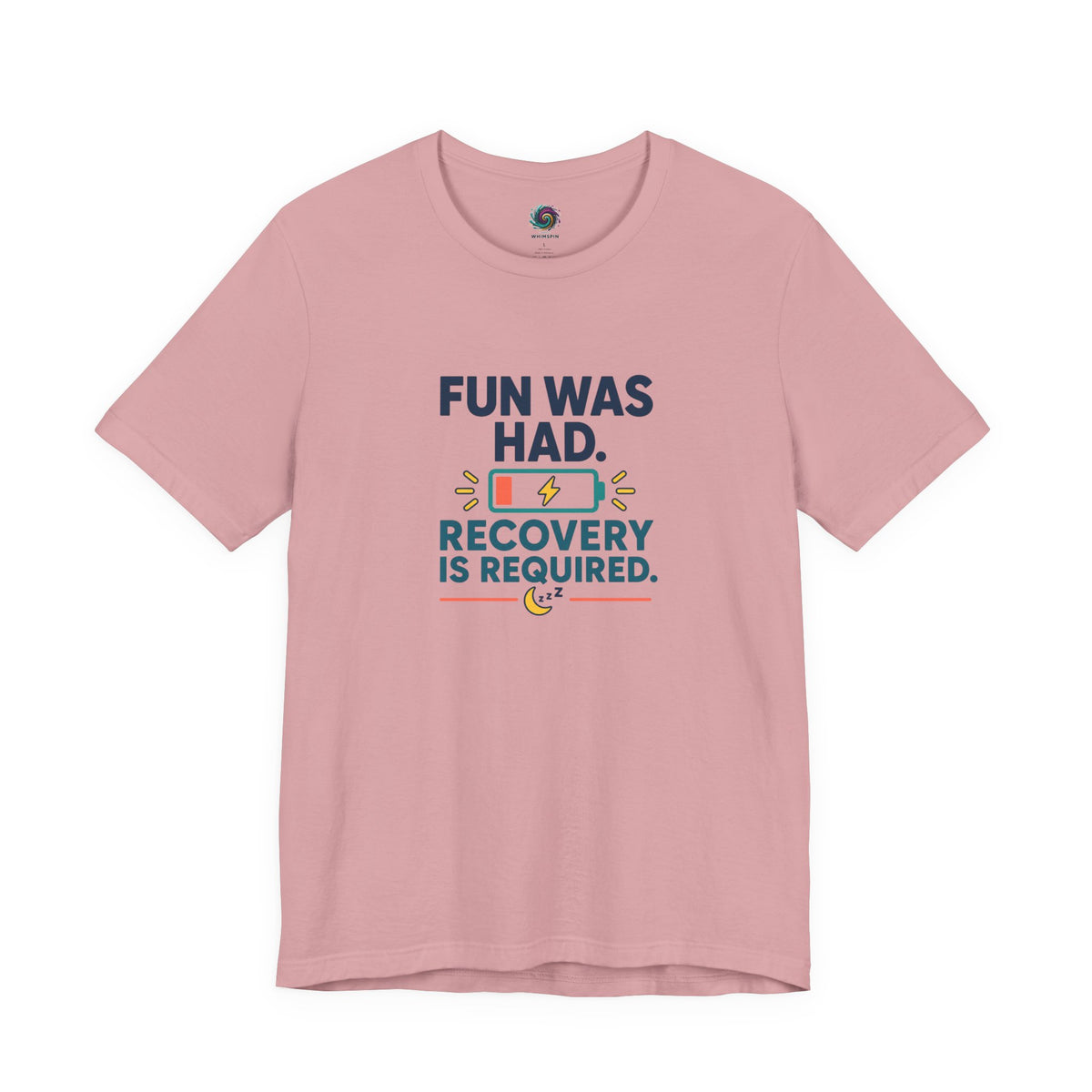 Dusty pink crew-neck T-shirt with "Recovery is required" lightning graphic on front