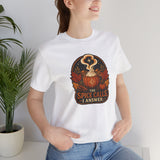 White crew-neck T-shirt with pumpkin-spice cauldron graphic, side view
