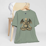 Green unisex T-shirt with meditating sea monster graphic