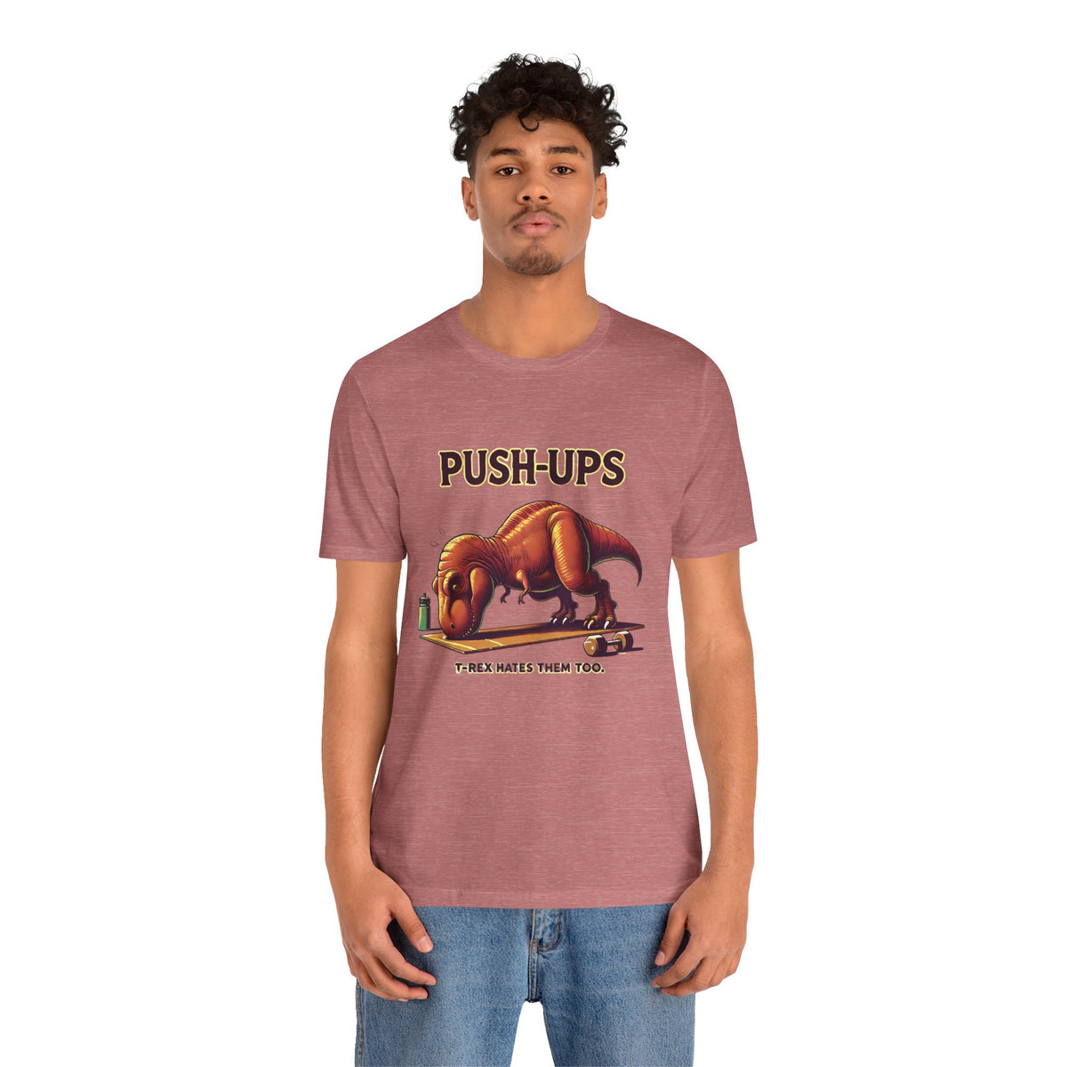 Rose T-shirt with dinosaur push-ups graphic and “PUSH-UPS” text at front